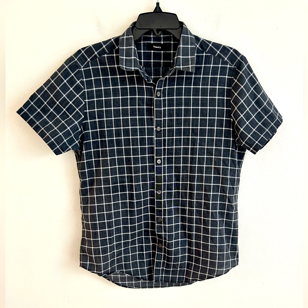Theory Men’s Gray White Checkered Short Sleeve Button Down Shirt Size Medium